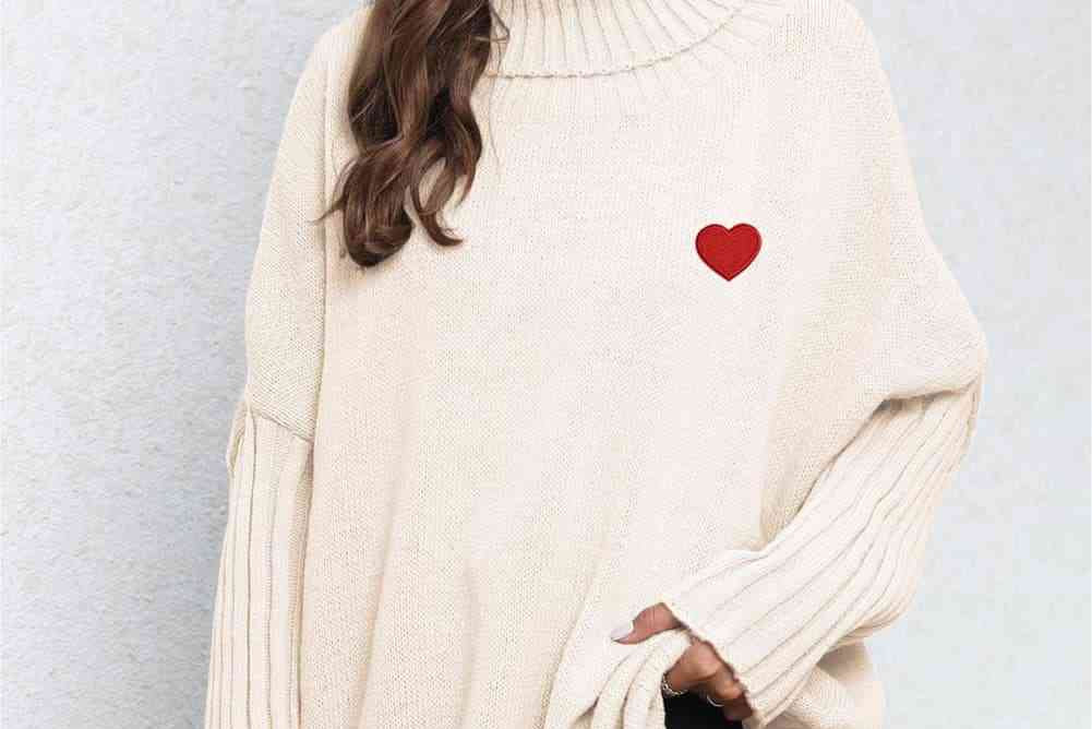 Turtle Neck Long Sleeve Ribbed Sweater - Beige