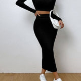Long Sleeve Top and Wrap Skirt Set - 