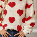 Fuzzy Heart Dropped Shoulder Sweatshirt - 