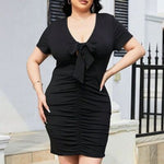 Plus Size Ruched Tied Short Sleeve Mini Dress - Black