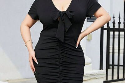 Plus Size Ruched Tied Short Sleeve Mini Dress - Black