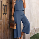 Round Neck Tank and Pocketed Pants Set - French Blue