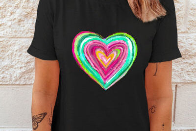 Heart Round Neck Short Sleeve T-Shirt - 