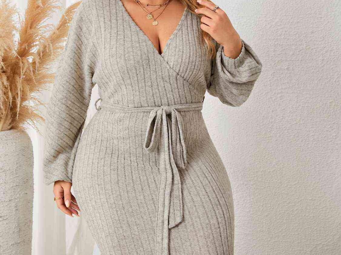 Plus+ Size Tie Waist Wrap Dress - Light Gray