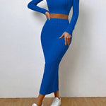 Long Sleeve Top and Wrap Skirt Set - Royal  Blue