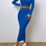 Long Sleeve Top and Wrap Skirt Set - Royal  Blue