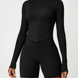 Zip Up Mock Neck Long Sleeve Active Outerwear - Black