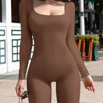 Ribbed Square Neck Long Sleeve Jumpsuit - Chestnut