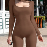 Ribbed Square Neck Long Sleeve Jumpsuit - Chestnut