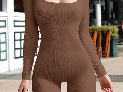 Ribbed Square Neck Long Sleeve Jumpsuit - Chestnut