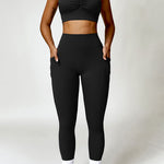 Ruched Halter Neck Bra and Pocketed Leggings Active Set - Black