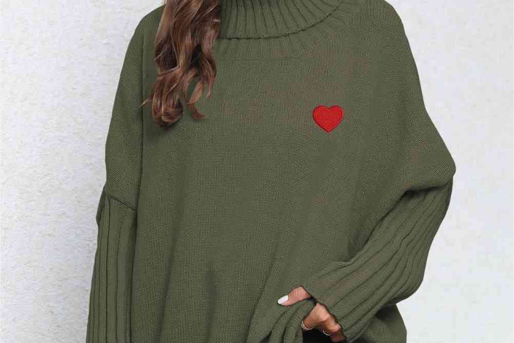 Turtle Neck Long Sleeve Ribbed Sweater - Army Green