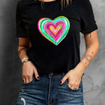 Heart Round Neck Short Sleeve T-Shirt - 