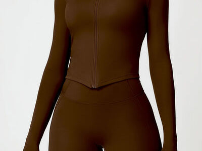 Zip Up Mock Neck Long Sleeve Active Outerwear - Chestnut