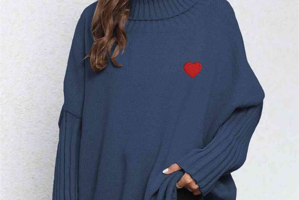Turtle Neck Long Sleeve Ribbed Sweater - Navy