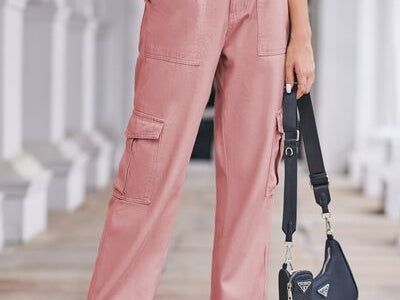 Straight Denim Cargo Pants - Light Mauve