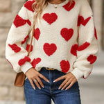 Fuzzy Heart Dropped Shoulder Sweatshirt - Deep Red