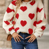 Fuzzy Heart Dropped Shoulder Sweatshirt - Deep Red