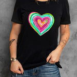 Heart Round Neck Short Sleeve T-Shirt - Black