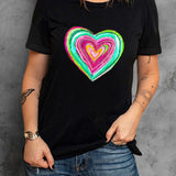 Heart Round Neck Short Sleeve T-Shirt - Black
