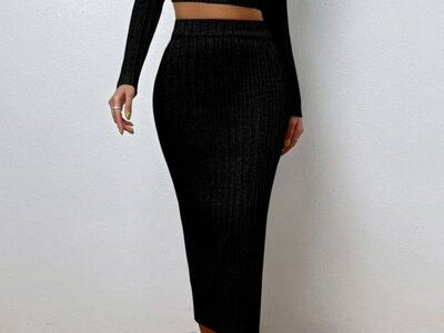 Long Sleeve Top and Wrap Skirt Set - Black