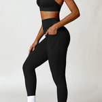 Ruched Halter Neck Bra and Pocketed Leggings Active Set - 