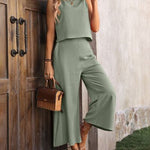 Round Neck Tank and Pocketed Pants Set - Sage