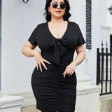 Plus Size Ruched Tied Short Sleeve Mini Dress - 