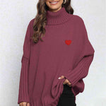 Turtle Neck Long Sleeve Ribbed Sweater - Wine