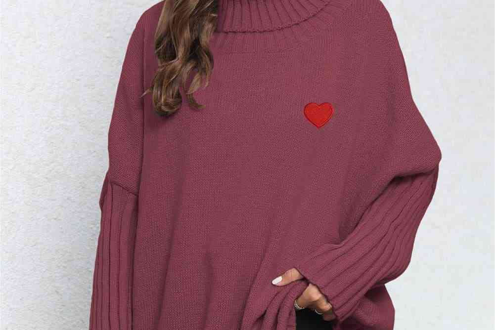 Turtle Neck Long Sleeve Ribbed Sweater - Wine