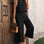 Round Neck Tank and Pocketed Pants Set - Black