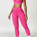 Ruched Halter Neck Bra and Pocketed Leggings Active Set - Hot Pink