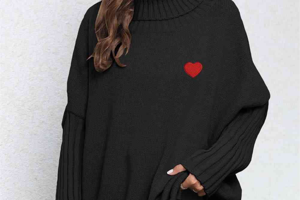 Turtle Neck Long Sleeve Ribbed Sweater - Black