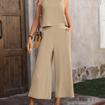 Round Neck Tank and Pocketed Pants Set - Sand