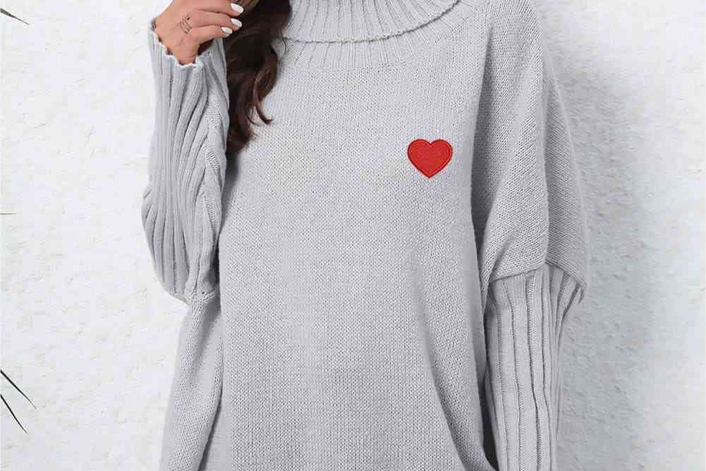 Turtle Neck Long Sleeve Ribbed Sweater - Light Gray