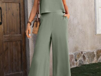 Round Neck Tank and Pocketed Pants Set - 