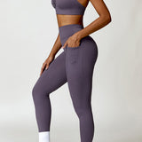 Ruched Halter Neck Bra and Pocketed Leggings Active Set - Dusty Purple