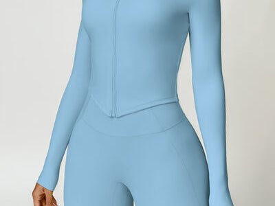 Zip Up Mock Neck Long Sleeve Active Outerwear - Pastel  Blue