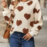 Fuzzy Heart Dropped Shoulder Sweatshirt - Chestnut