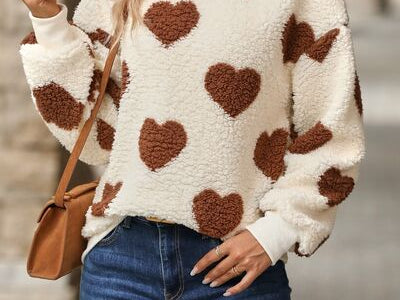 Fuzzy Heart Dropped Shoulder Sweatshirt - Chestnut