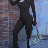 Ribbed Square Neck Long Sleeve Jumpsuit - 